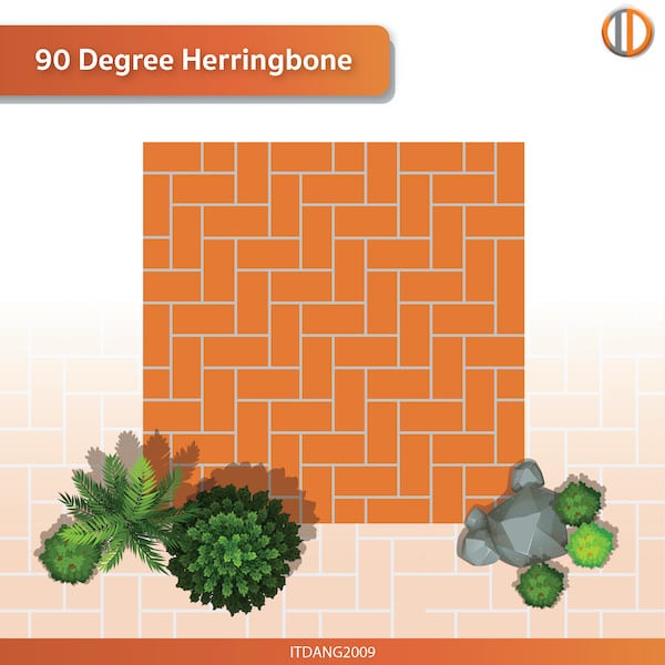 การใช้อิฐแดงปูพื้น รูปแบบ 90 Degree Herringbone